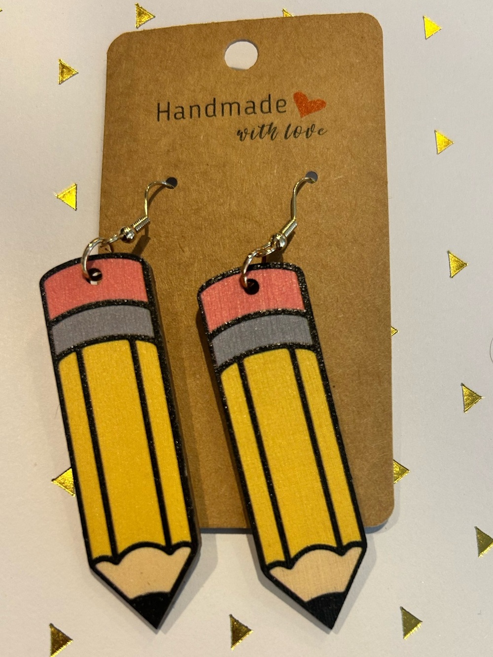 Handmade Pencil Dangle Earrings - Yellow & Pink